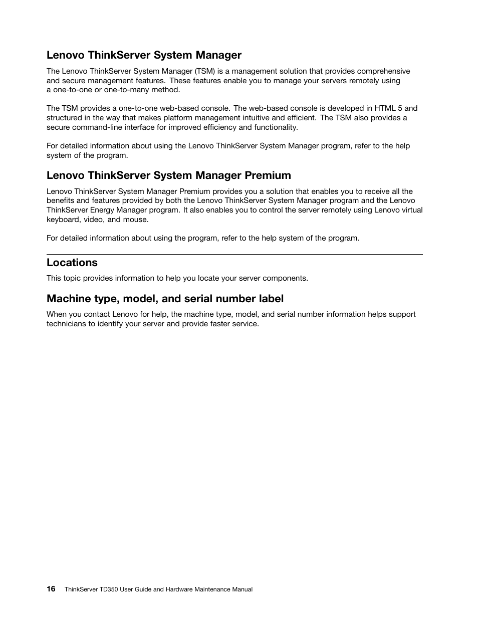 Lenovo thinkserver system manager, Lenovo thinkserver system manager premium, Locations | Machine type, model, and serial number label | Lenovo ThinkServer TD350 User Manual | Page 30 / 204