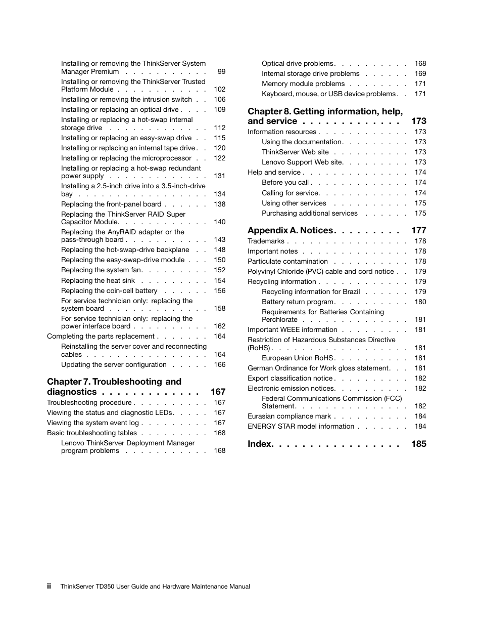 Chapter 7. troubleshooting and diagnostics, Chapter 8. getting information, help, and service, Appendix a. notices | Index | Lenovo ThinkServer TD350 User Manual | Page 4 / 204
