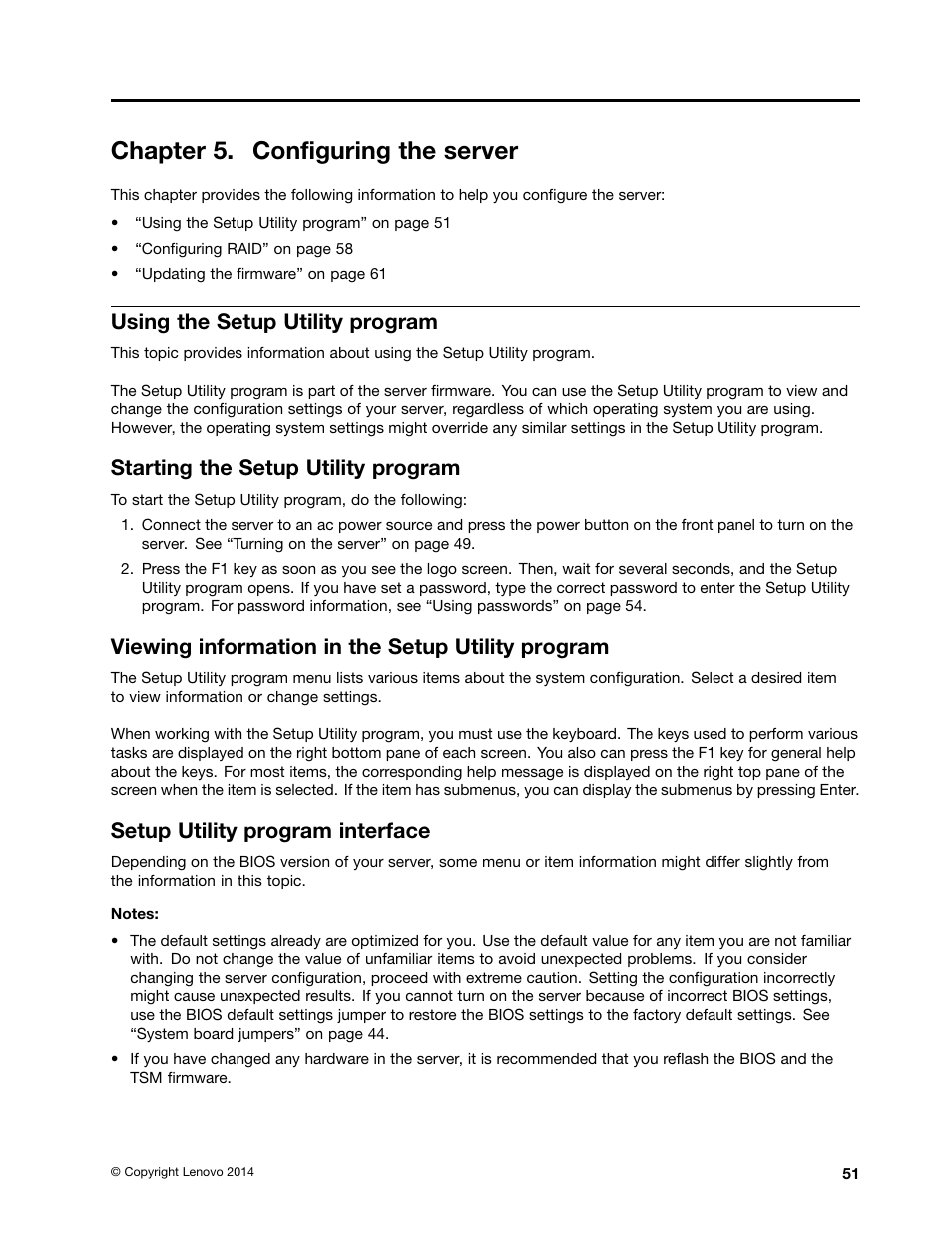 Chapter 5. configuring the server, Using the setup utility program, Starting the setup utility program | Viewing information in the setup utility program, Setup utility program interface | Lenovo ThinkServer TD350 User Manual | Page 65 / 204