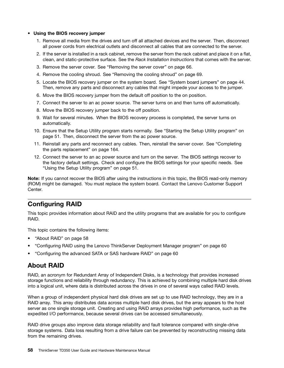 Configuring raid, About raid | Lenovo ThinkServer TD350 User Manual | Page 72 / 204