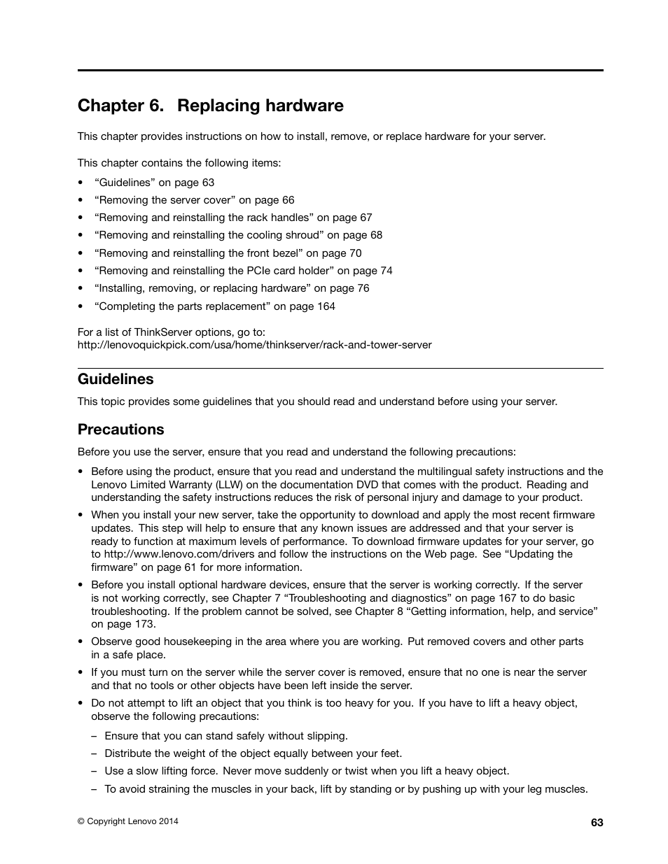 Chapter 6. replacing hardware, Guidelines, Precautions | Chapter 6 “replacing hardware | Lenovo ThinkServer TD350 User Manual | Page 77 / 204