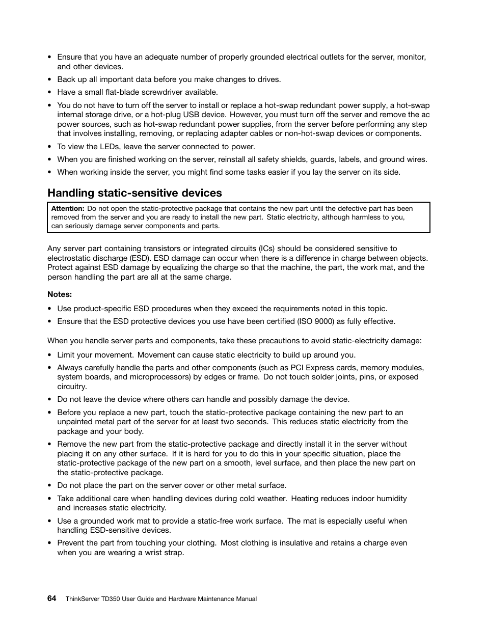 Handling static-sensitive devices | Lenovo ThinkServer TD350 User Manual | Page 78 / 204