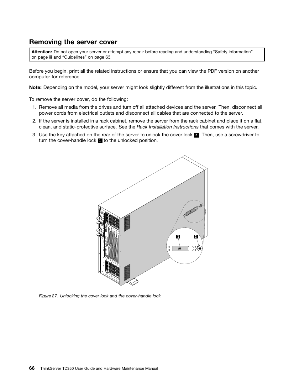 Removing the server cover | Lenovo ThinkServer TD350 User Manual | Page 80 / 204