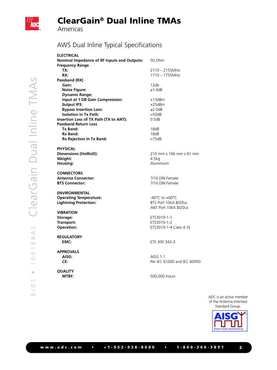 Cleargain, Dual inline tmas, Aws dual inline typical specifications | Americas | ADC ClearGain Dual Inline TMAs User Manual | Page 3 / 8