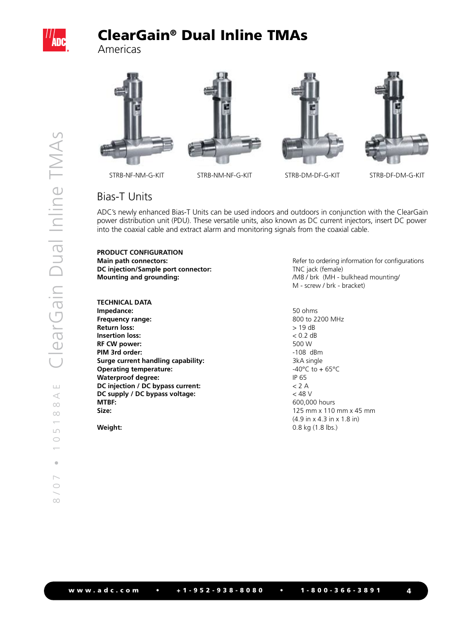 Cleargain, Dual inline tmas, Americas bias-t units | ADC ClearGain Dual Inline TMAs User Manual | Page 4 / 8