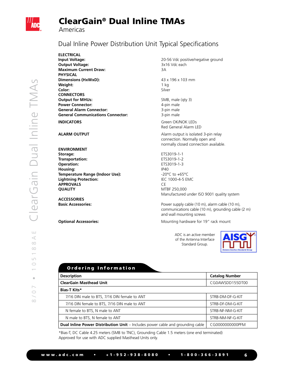 Cleargain, Dual inline tmas, Americas | ADC ClearGain Dual Inline TMAs User Manual | Page 6 / 8