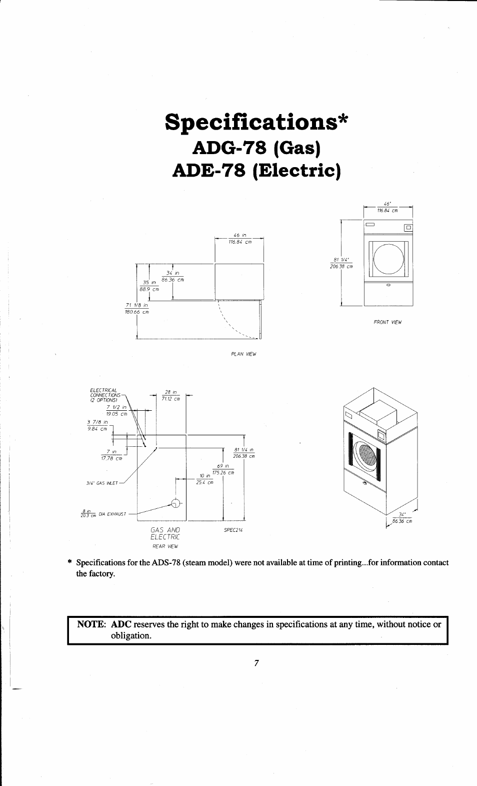 Specifications, Adg-78 (gas) ade-78 (electric) | ADC AD-78 User Manual | Page 11 / 75