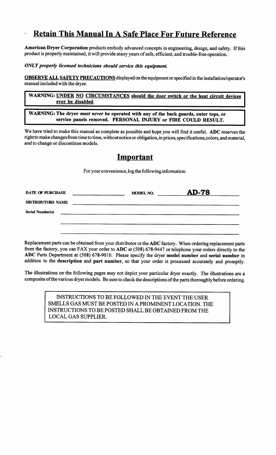 Important, Ad-78 | ADC AD-78 User Manual | Page 2 / 75