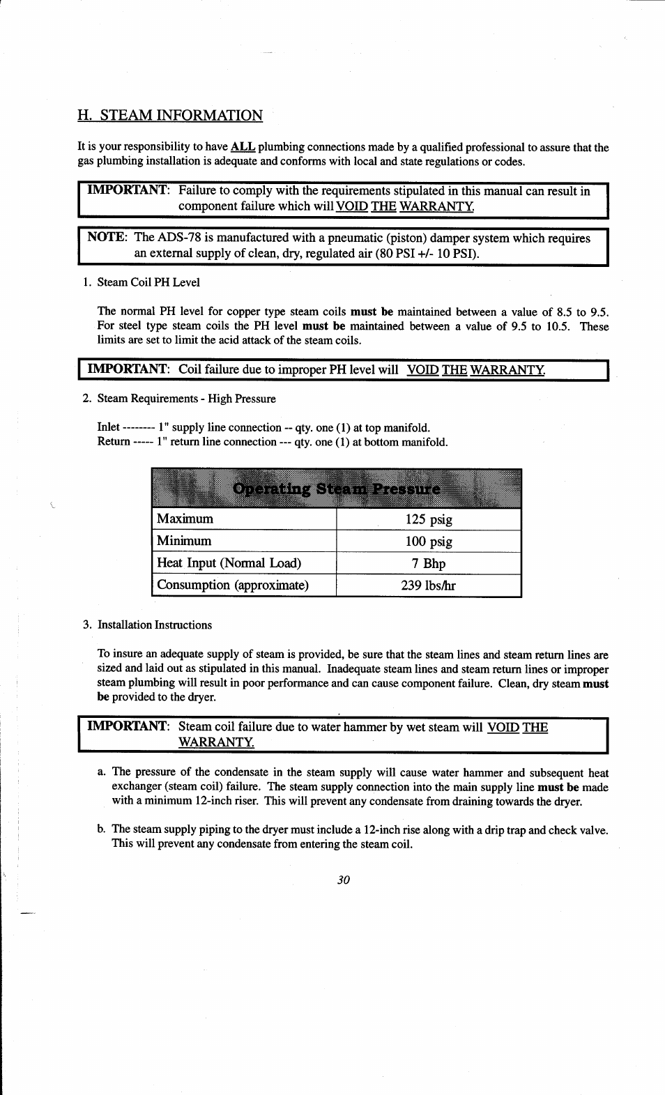 Operating steam pressure | ADC AD-78 User Manual | Page 34 / 75