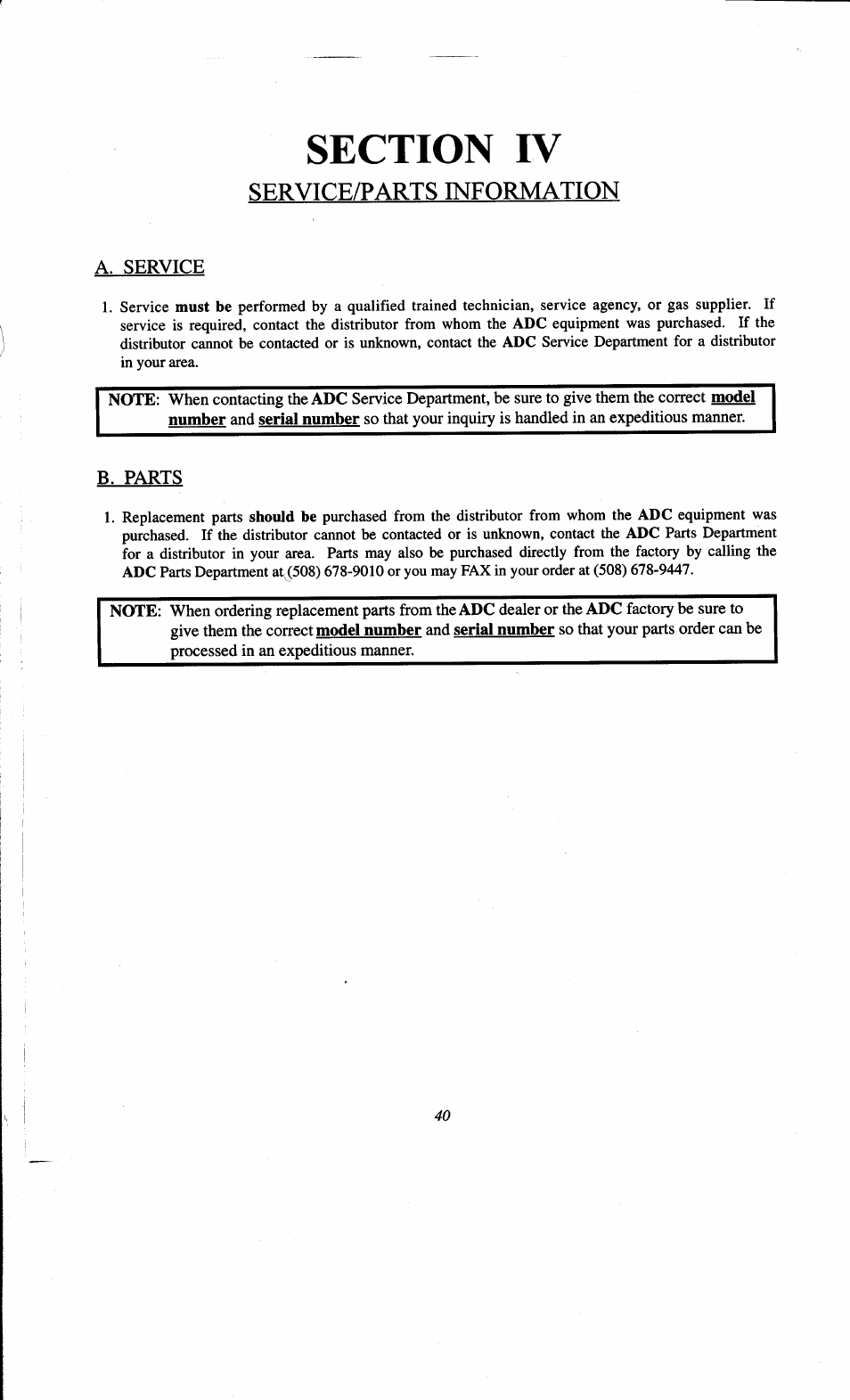 A. service, B. parts, A. service b. parts | Servtce/parts information | ADC AD-78 User Manual | Page 44 / 75