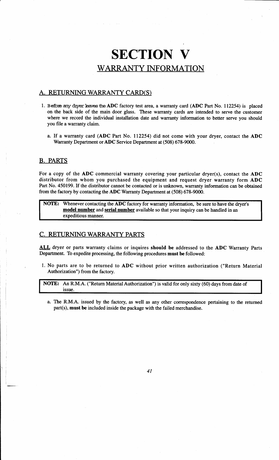 A. returning warranty carprs, B. parts, C. returning warranty parts | C. returning warranty card(s), Warranty informatton | ADC AD-78 User Manual | Page 46 / 75