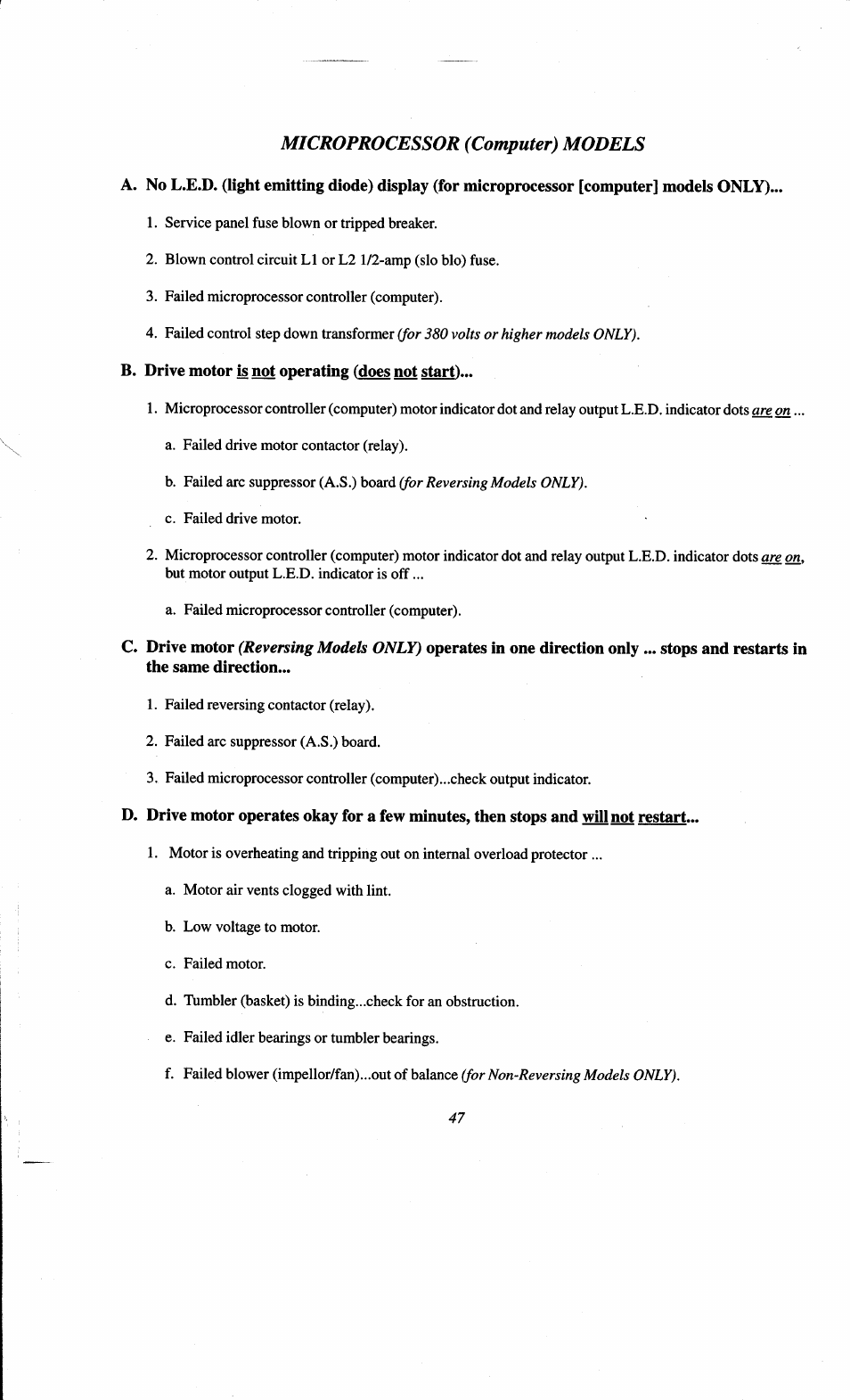 B. drive motor |s operating (does not start), Microprocessor (computer) models | ADC AD-78 User Manual | Page 52 / 75