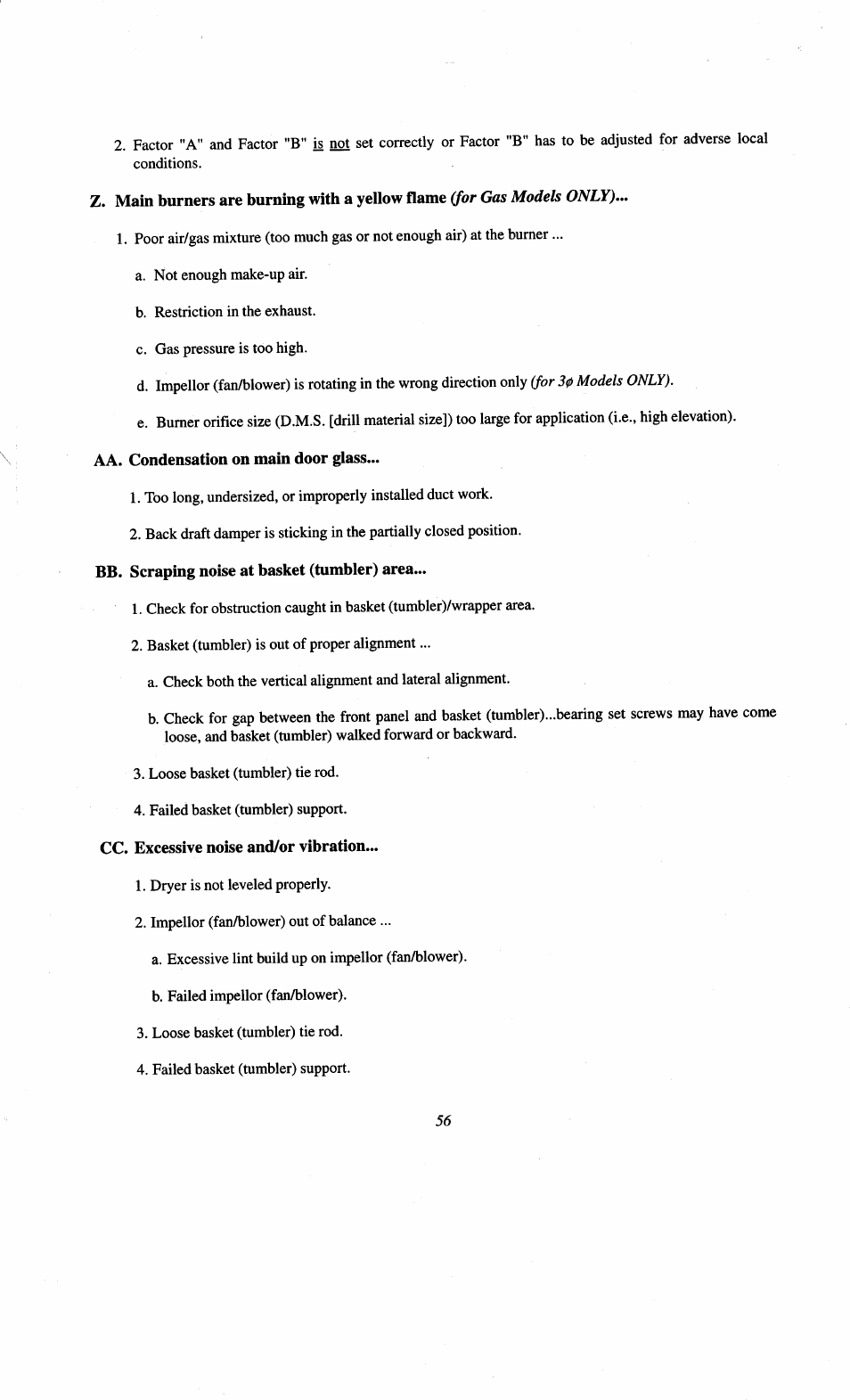 Aa. condensation on main door glass, Bb. scraping noise at basket (tumbler) area, Cc. excessive noise and/or vibration | Z. main burners are burning with a yellow flame | ADC AD-78 User Manual | Page 61 / 75