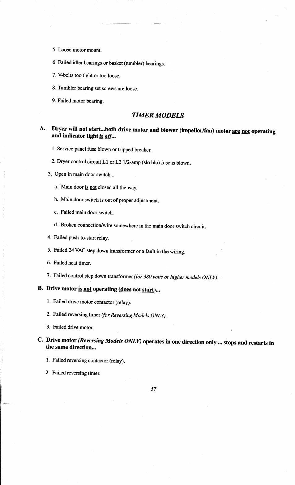 B. drive motor is not operating (does not start), Timer models | ADC AD-78 User Manual | Page 62 / 75