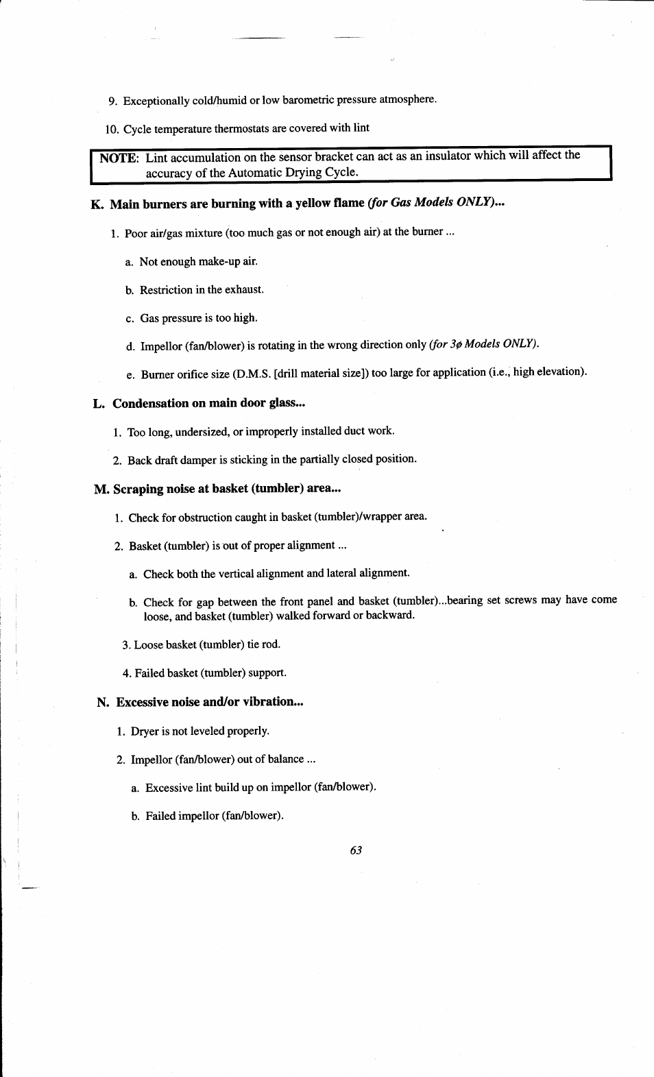 L. condensation on main door glass, M. scraping noise at basket (tumbler) area, N. excessive noise and/or vibration | Ondensation, Lass, Ryer, Craping, Oise, Asket, Tumbler | ADC AD-78 User Manual | Page 68 / 75