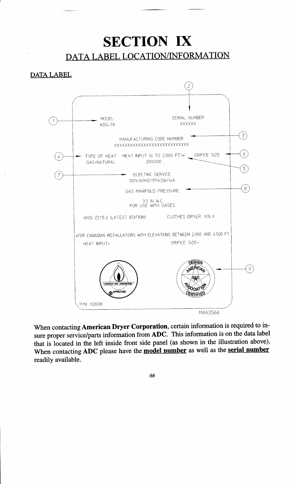 Section ix, Data label t.ocatton/information | ADC AD-78 User Manual | Page 71 / 75