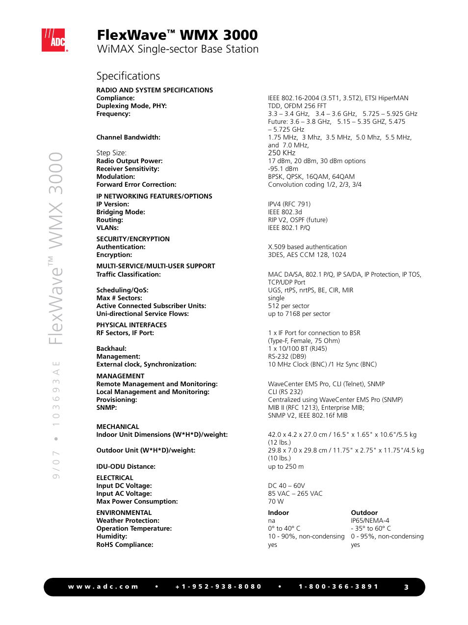 Flexw ave, Wmx 3000, Flexwave | Wimax single-sector base station specifications | ADC WiMAX Single-sector Base Station WMX 3000 User Manual | Page 3 / 4