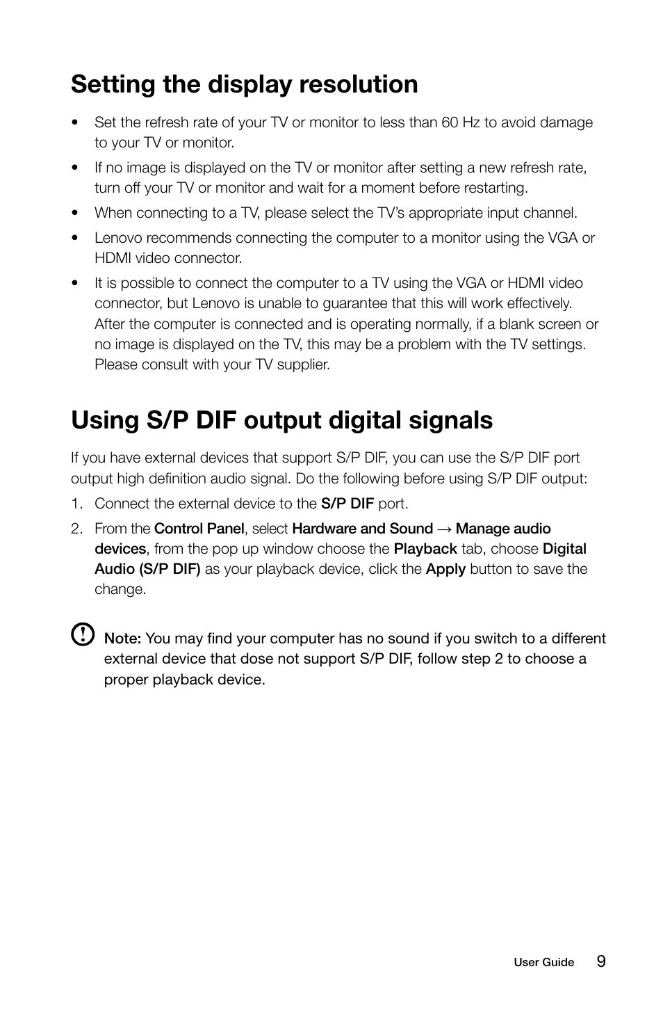 Setting the display resolution, Using s/p dif output digital signals | Lenovo IdeaCentre Q190 Desktop User Manual | Page 14 / 37