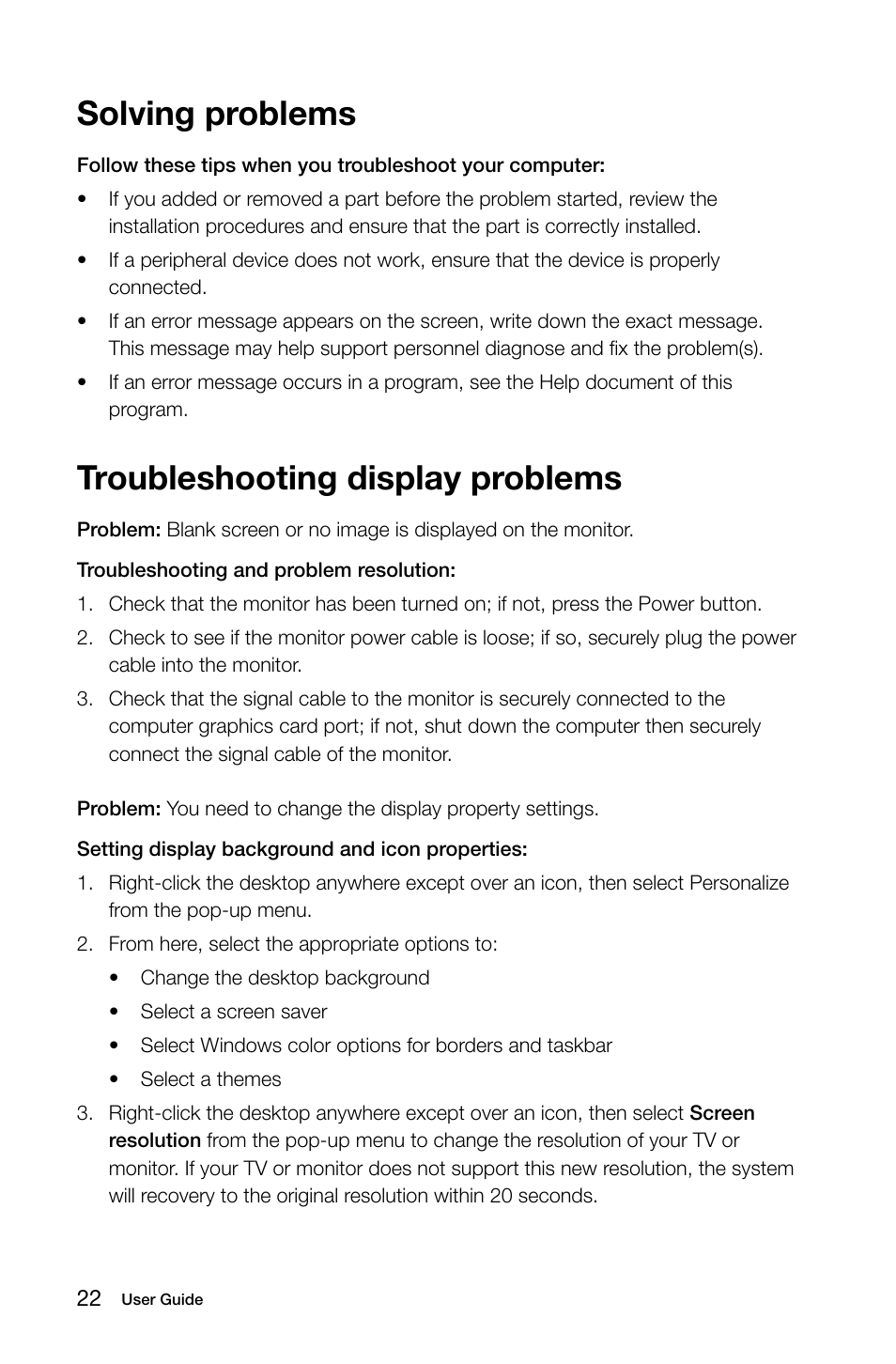 Troubleshooting display problems, Solving problems | Lenovo IdeaCentre Q190 Desktop User Manual | Page 27 / 37