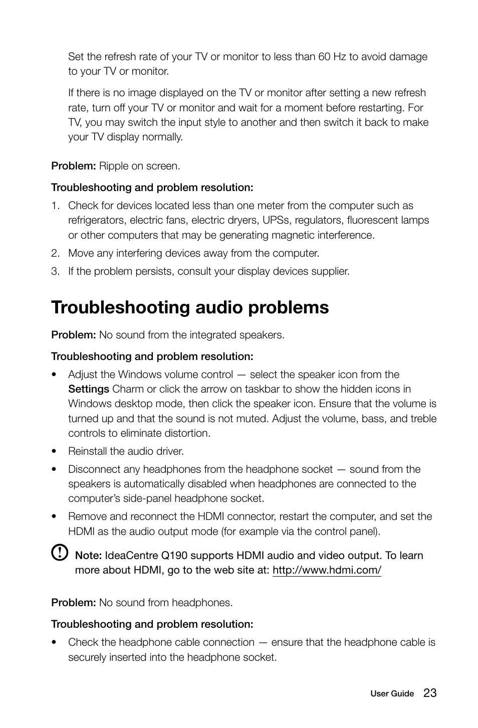 Troubleshooting audio problems | Lenovo IdeaCentre Q190 Desktop User Manual | Page 28 / 37
