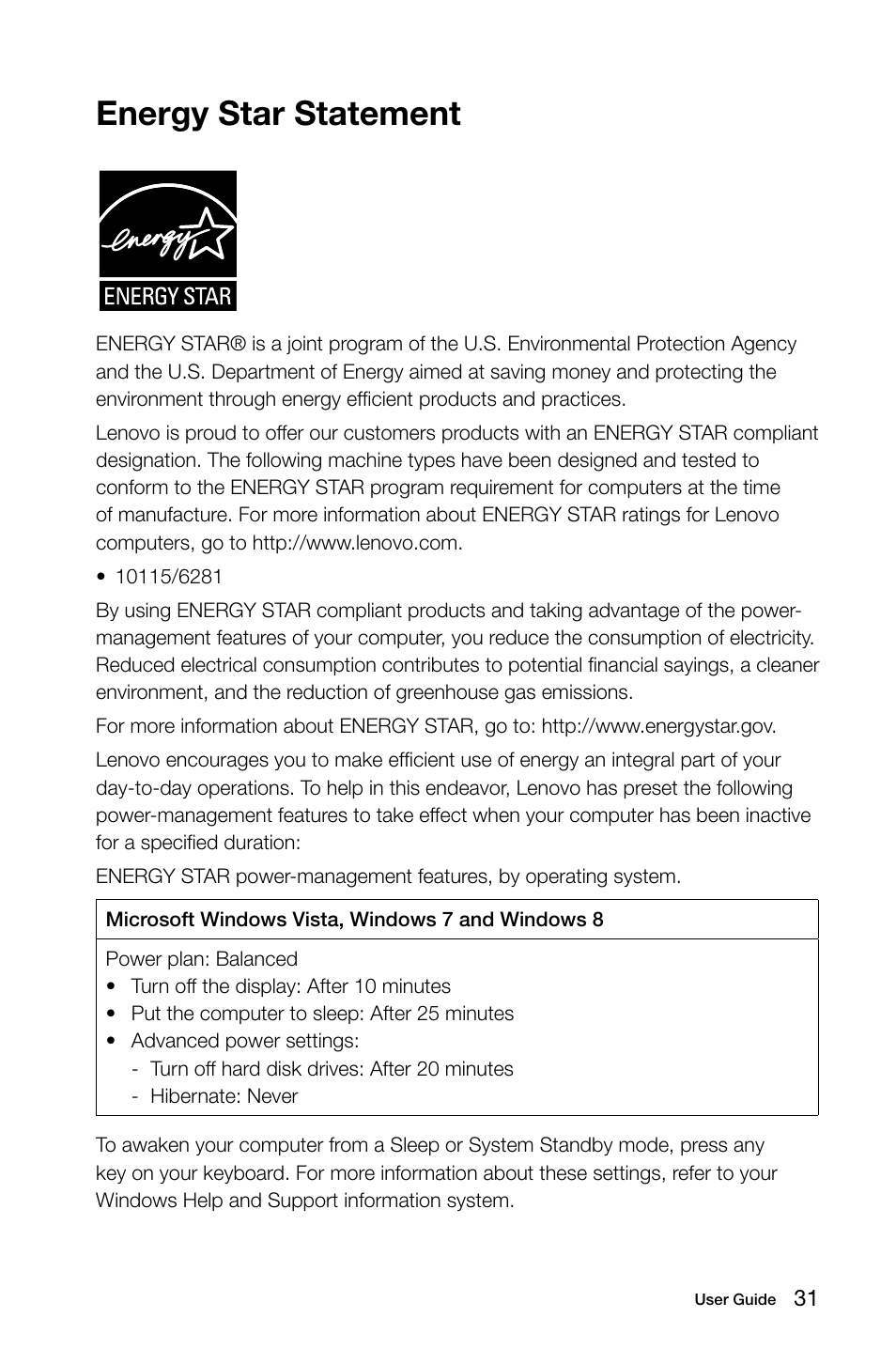 Energy star statement | Lenovo IdeaCentre Q190 Desktop User Manual | Page 36 / 37