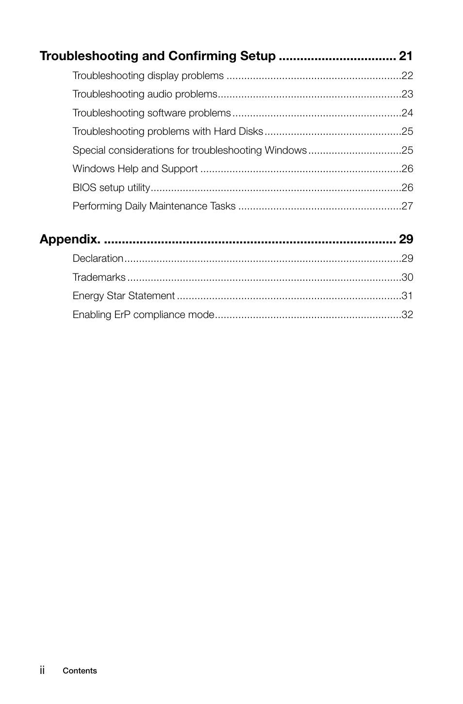Troubleshooting and confirming setup, Appendix | Lenovo IdeaCentre Q190 Desktop User Manual | Page 5 / 37