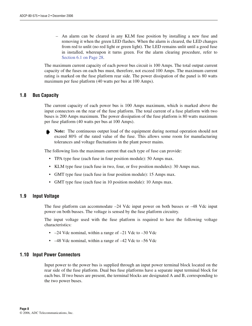 8 bus capacity, 9 input voltage, 10 input power connectors | Bus capacity, Input voltage | ADC PowerWorx Power Distribution User Manual | Page 14 / 40