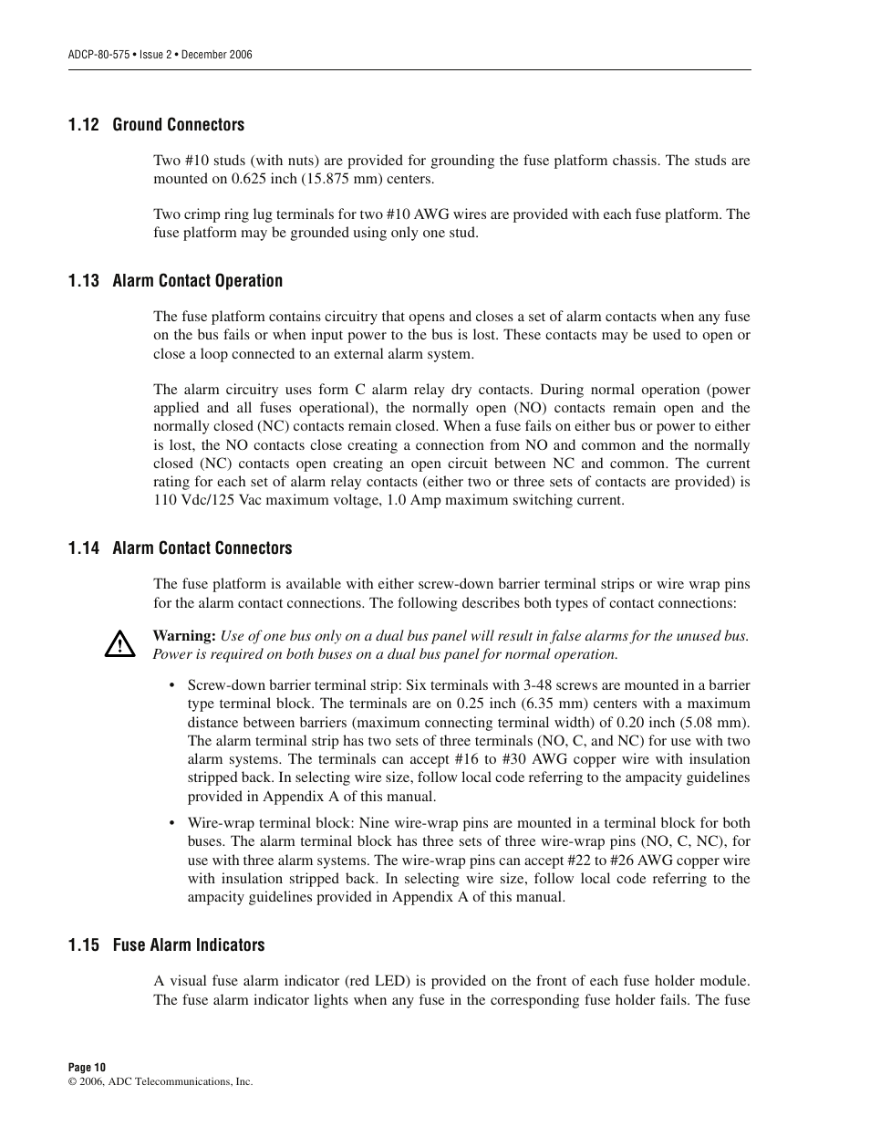 12 ground connectors, 13 alarm contact operation, 14 alarm contact connectors | 15 fuse alarm indicators | ADC PowerWorx Power Distribution User Manual | Page 16 / 40