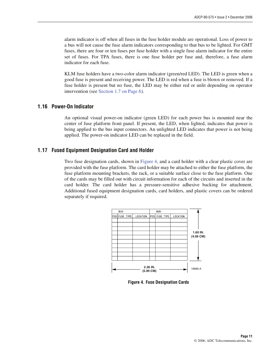 16 power-on indicator, 17 fused equipment designation card and holder | ADC PowerWorx Power Distribution User Manual | Page 17 / 40