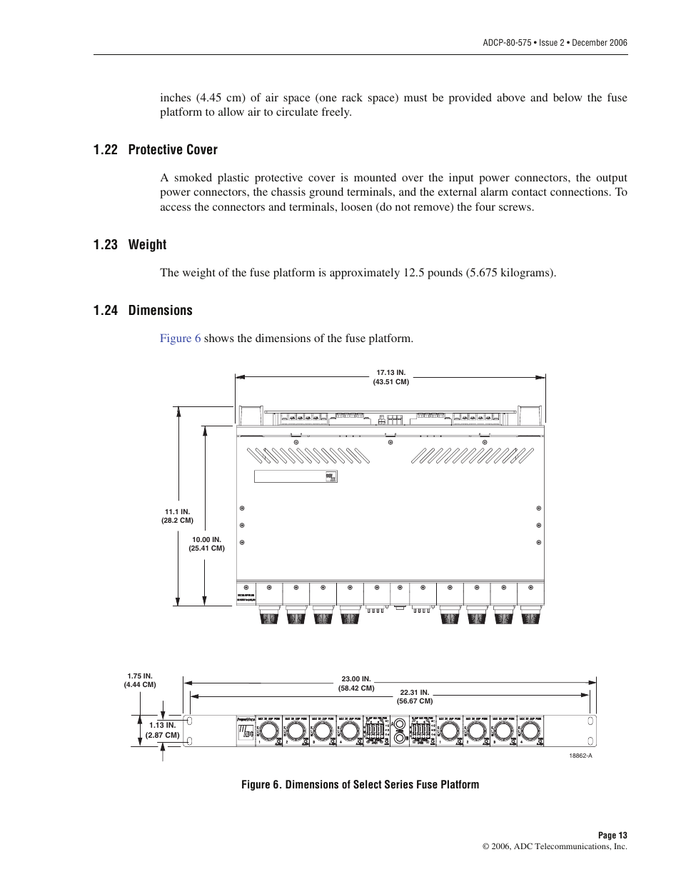 22 protective cover, 23 weight, 24 dimensions | Figure 6 shows the dimensions of the fuse platform | ADC PowerWorx Power Distribution User Manual | Page 19 / 40