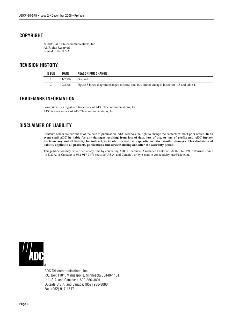 Copyright, revision history, trademarks, Copyright, Revision history trademark information | Disclaimer of liability | ADC PowerWorx Power Distribution User Manual | Page 2 / 40