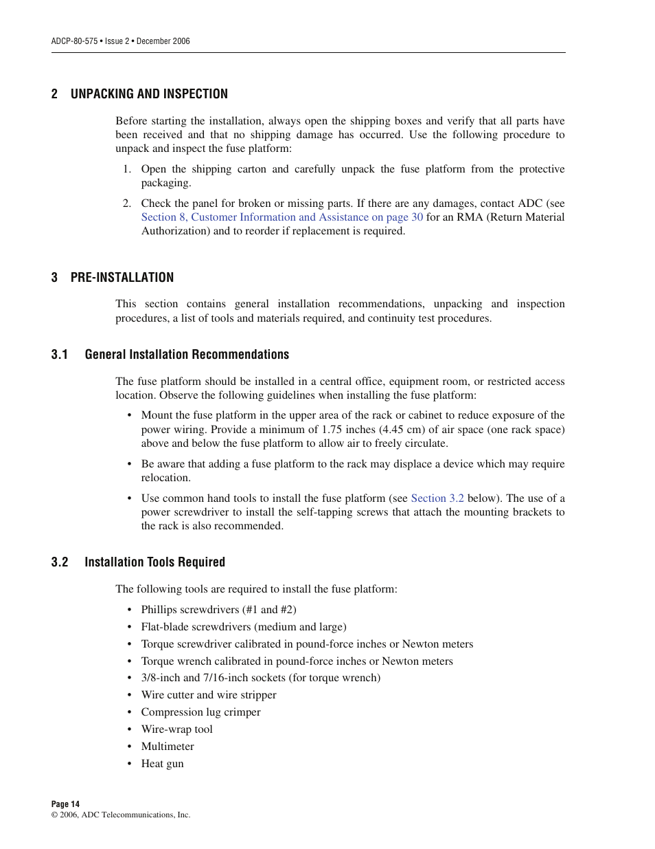 2 unpacking and inspection, 3 pre-installation, 1 general installation recommendations | 2 installation tools required, Unpacking and inspection, Pre-installation, General installation recommendations, Installation tools required | ADC PowerWorx Power Distribution User Manual | Page 20 / 40