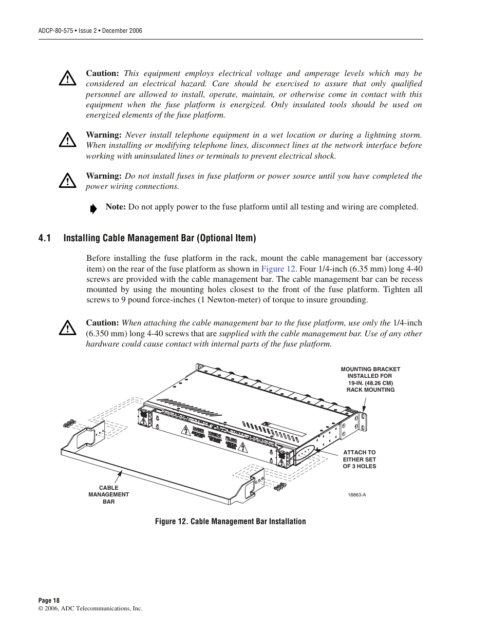 1 installing cable management bar (optional item), Installing cable management bar (optional item) | ADC PowerWorx Power Distribution User Manual | Page 24 / 40