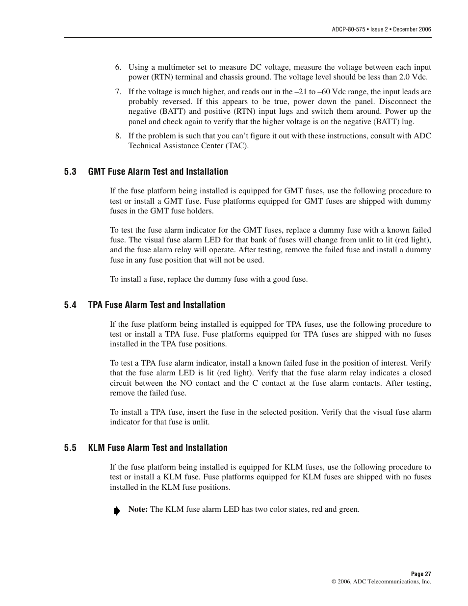 3 gmt fuse alarm test and installation, 4 tpa fuse alarm test and installation, 5 klm fuse alarm test and installation | Gmt fuse alarm test and installation, Tpa fuse alarm test and installation, Klm fuse alarm test and installation | ADC PowerWorx Power Distribution User Manual | Page 33 / 40