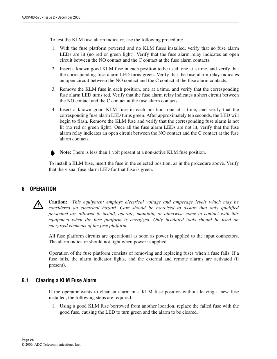 6 operation, 1 clearing a klm fuse alarm, Operation | Clearing a klm fuse alarm | ADC PowerWorx Power Distribution User Manual | Page 34 / 40