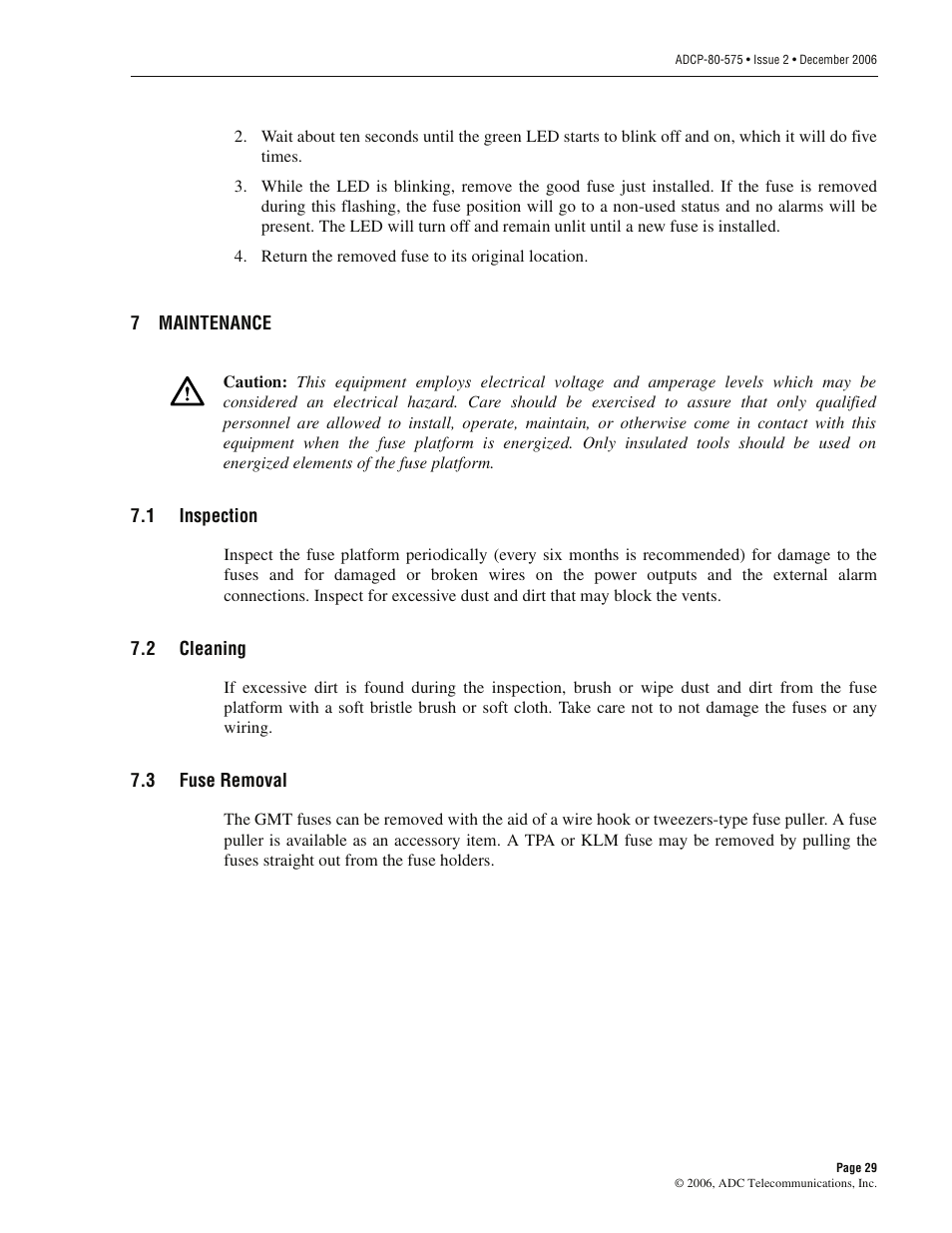 7 maintenance, 1 inspection, 2 cleaning | 3 fuse removal, Maintenance, Inspection, Cleaning, Fuse removal | ADC PowerWorx Power Distribution User Manual | Page 35 / 40
