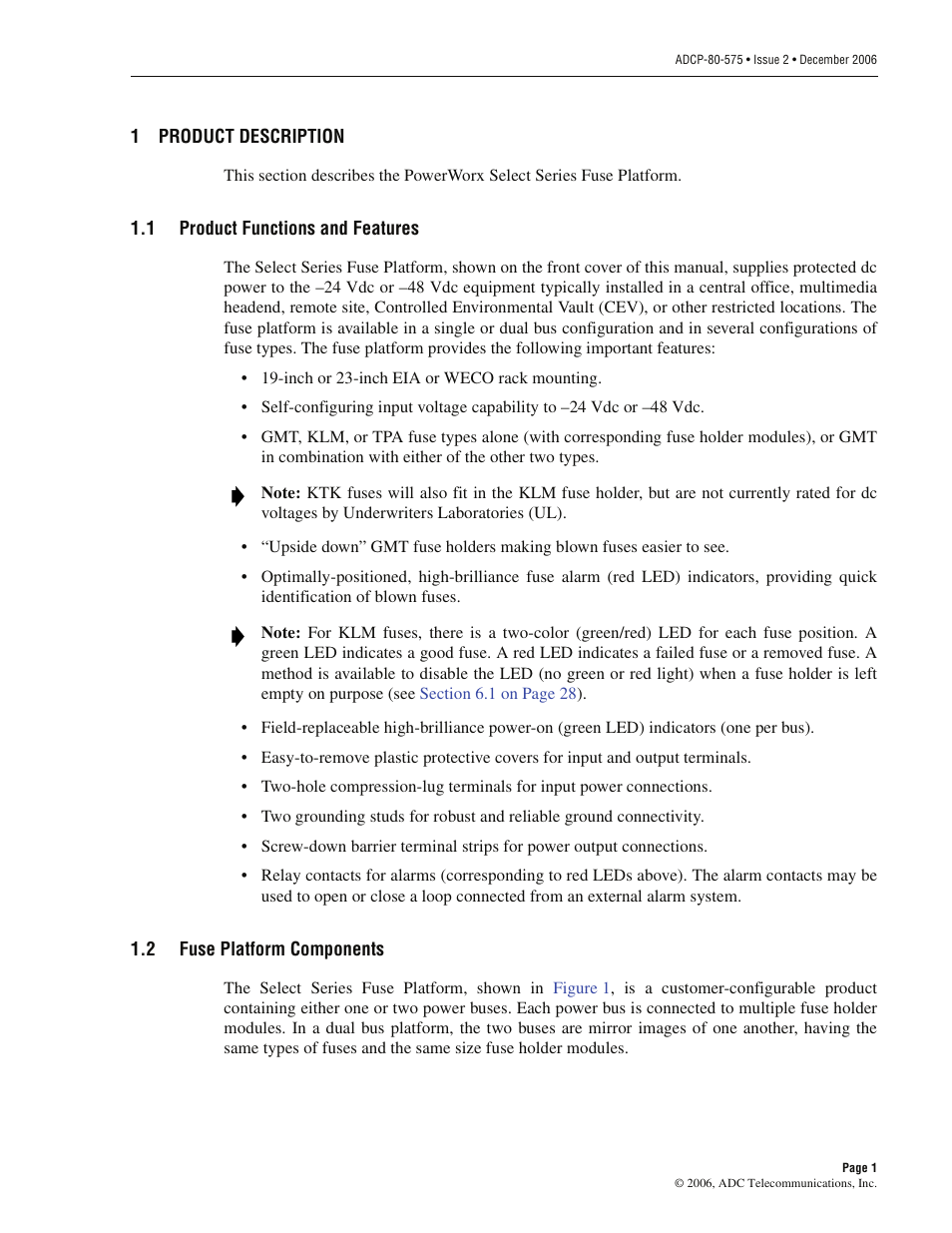 1 product description, 1 product functions and features, 2 fuse platform components | Product description, Product functions and features, Fuse platform components | ADC PowerWorx Power Distribution User Manual | Page 7 / 40