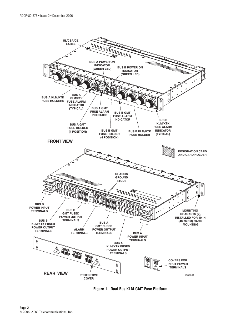 Figure 1, Figure 1. dual bus klm-gmt fuse platform, Rear view | Front view | ADC PowerWorx Power Distribution User Manual | Page 8 / 40