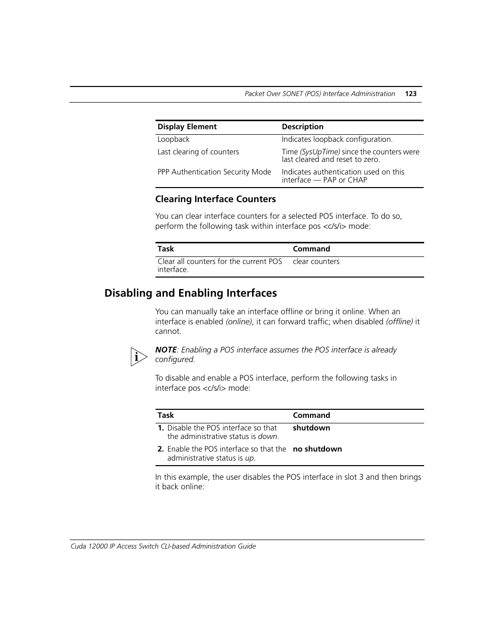 Clearing interface counters, Disabling and enabling interfaces | ADC CUDA 3 User Manual | Page 125 / 620