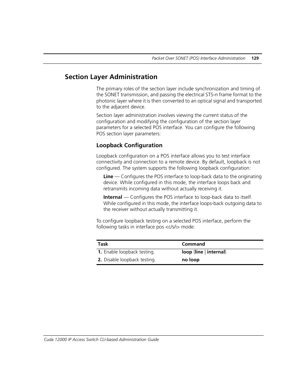 Section layer administration, Loopback configuration, On section layer administration | ADC CUDA 3 User Manual | Page 131 / 620