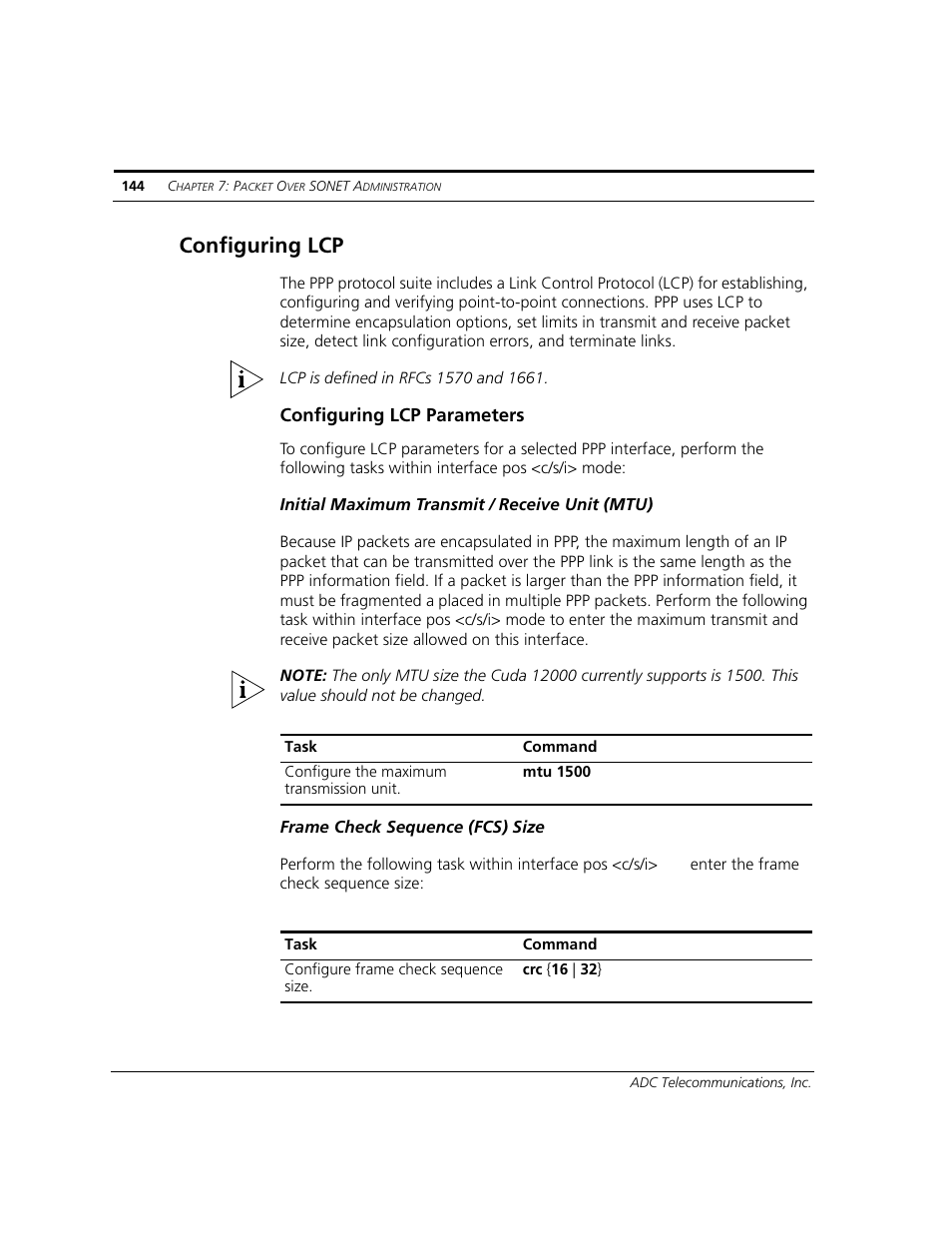 Configuring lcp, Configuring lcp parameters, Initial maximum transmit / receive unit (mtu) | Frame check sequence (fcs) size | ADC CUDA 3 User Manual | Page 146 / 620