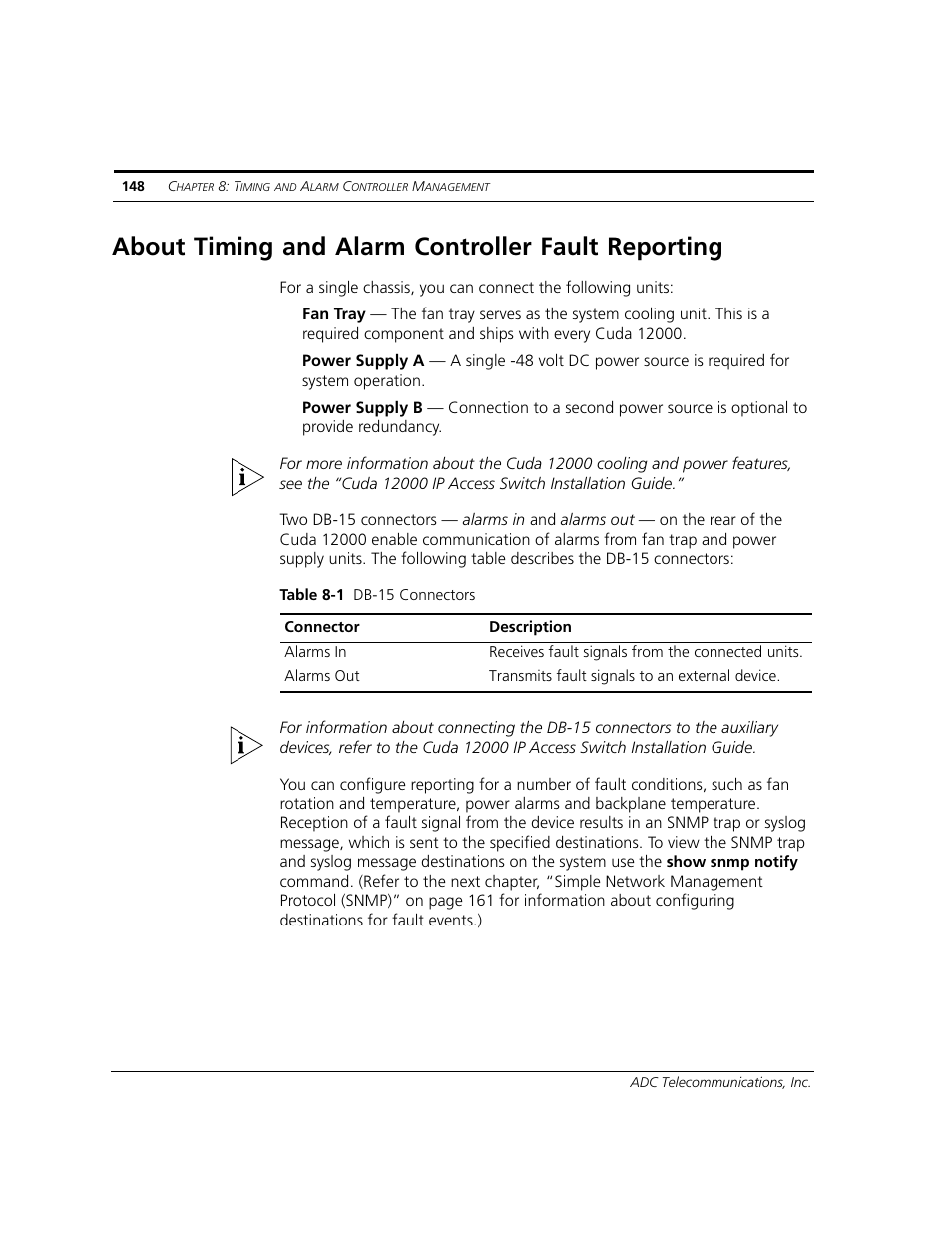 About timing and alarm controller fault reporting | ADC CUDA 3 User Manual | Page 150 / 620