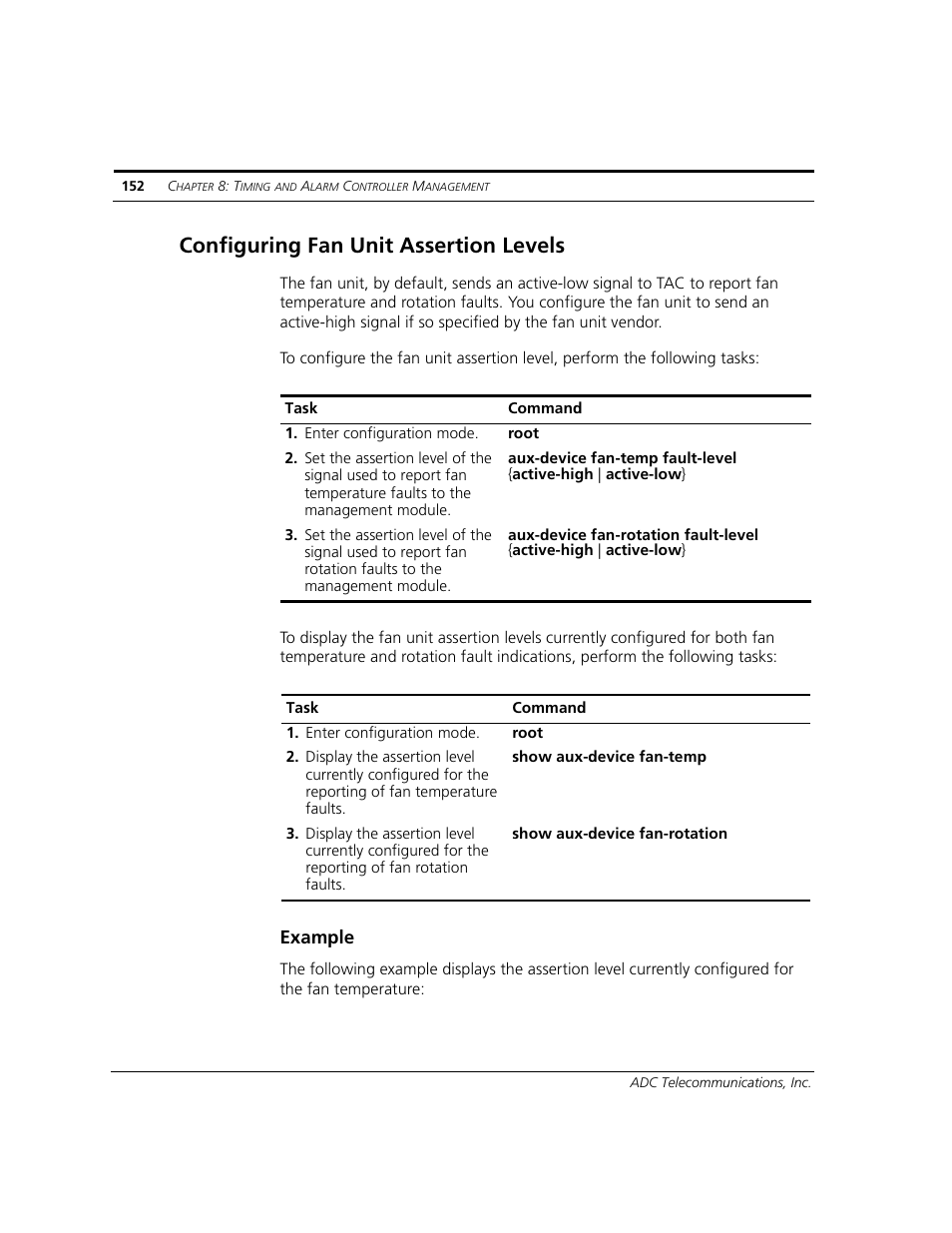 Configuring fan unit assertion levels, Example | ADC CUDA 3 User Manual | Page 154 / 620