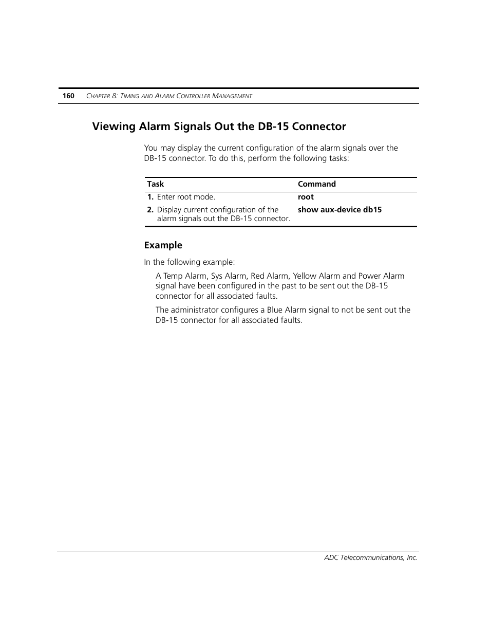 Viewing alarm signals out the db-15 connector, Example | ADC CUDA 3 User Manual | Page 162 / 620