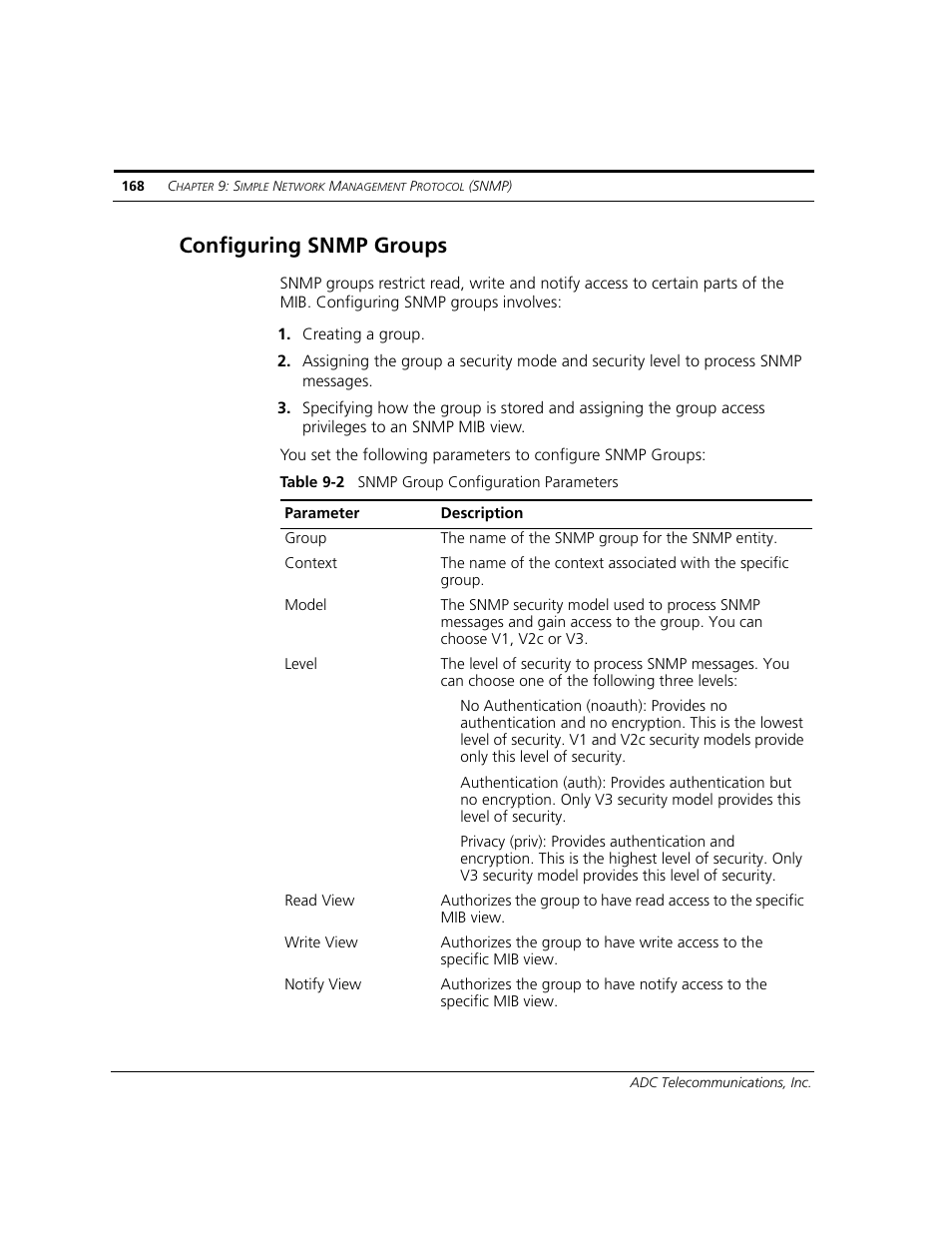 Configuring snmp groups | ADC CUDA 3 User Manual | Page 170 / 620