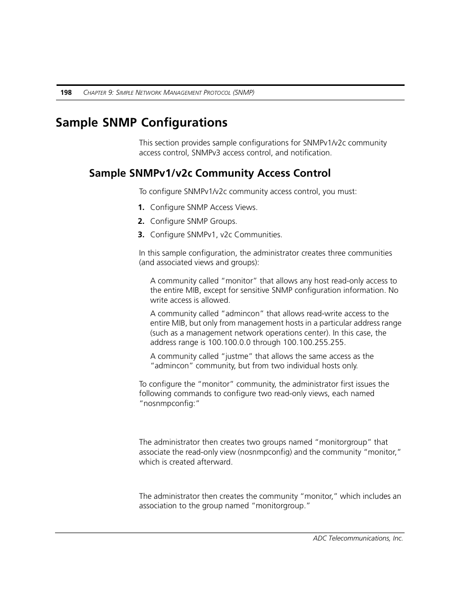 Sample snmp configurations, Sample snmpv1/v2c community access control | ADC CUDA 3 User Manual | Page 200 / 620