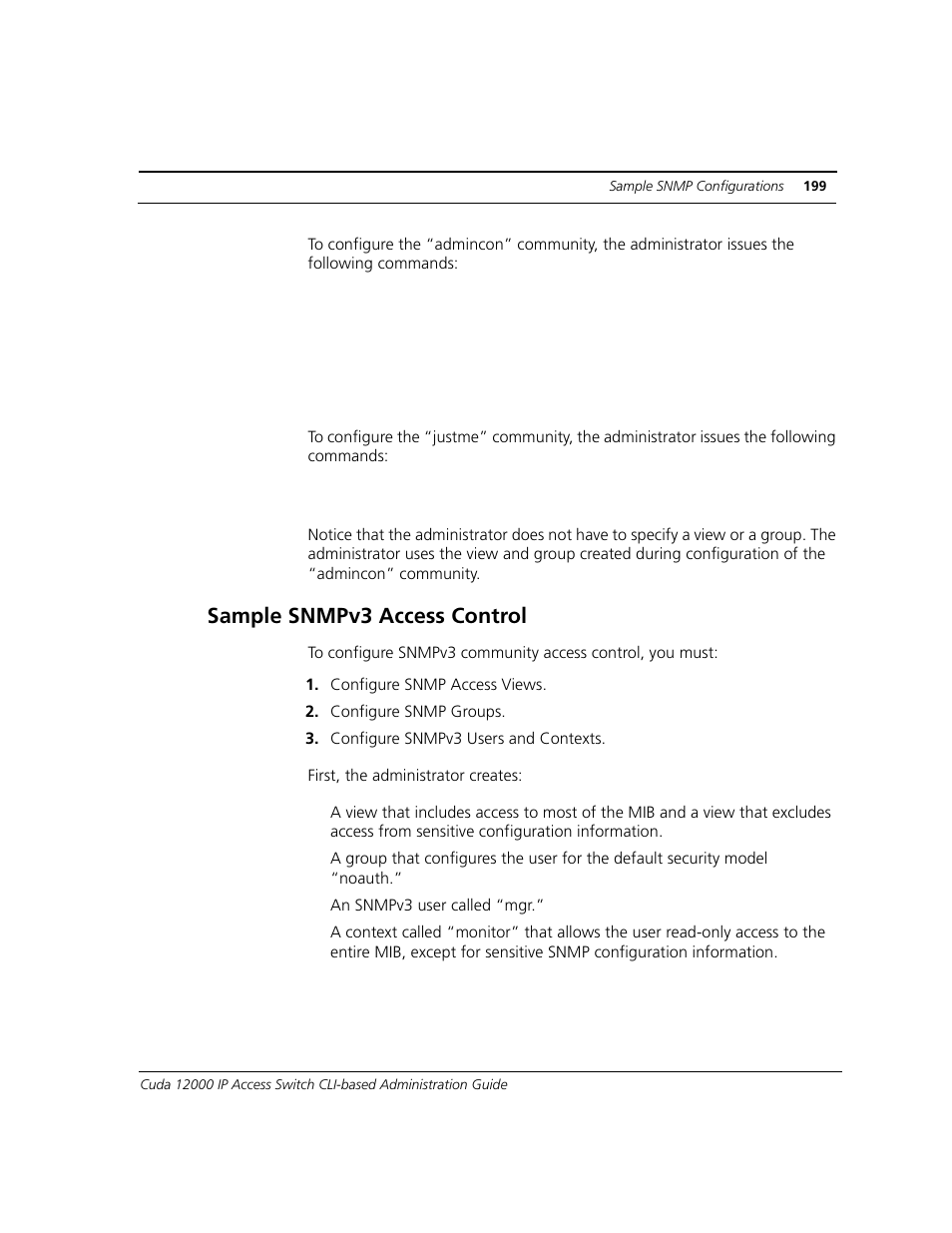 Sample snmpv3 access control | ADC CUDA 3 User Manual | Page 201 / 620