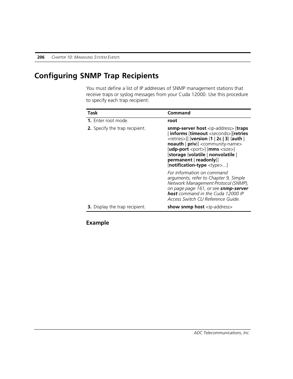Configuring snmp trap recipients, Example | ADC CUDA 3 User Manual | Page 208 / 620