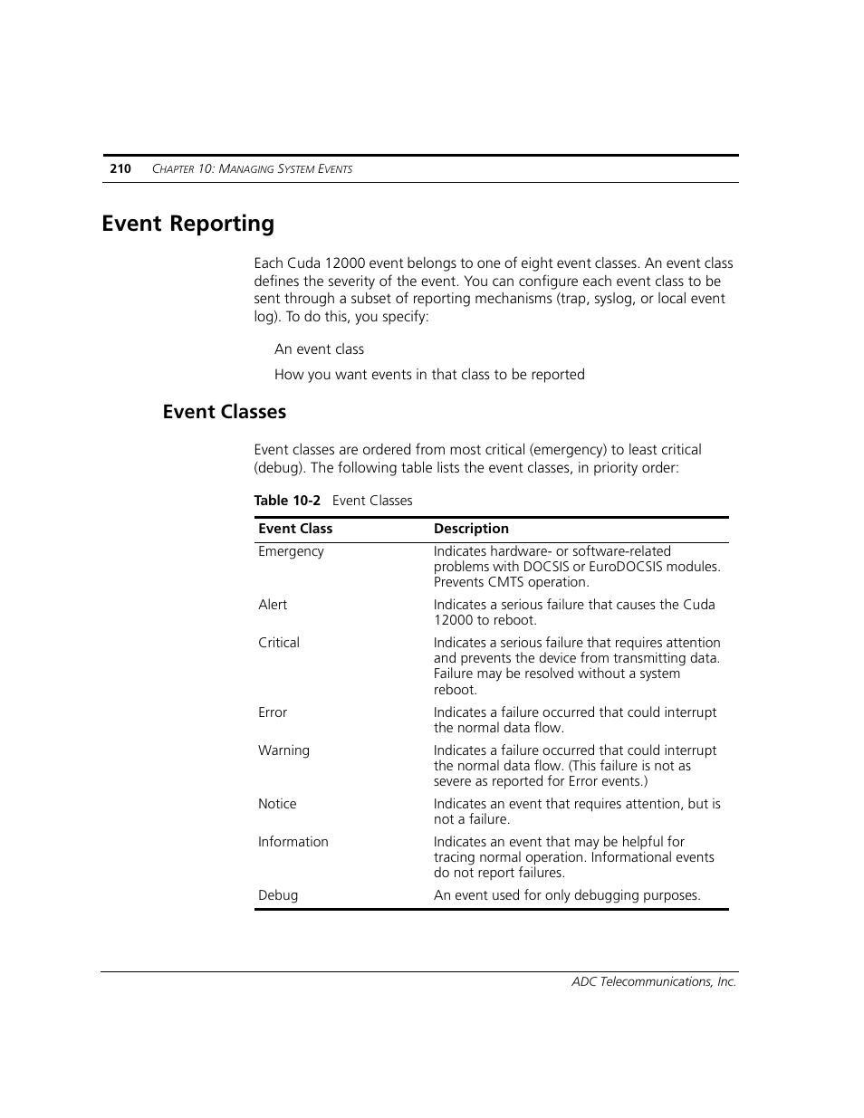 Event reporting, Event classes | ADC CUDA 3 User Manual | Page 212 / 620