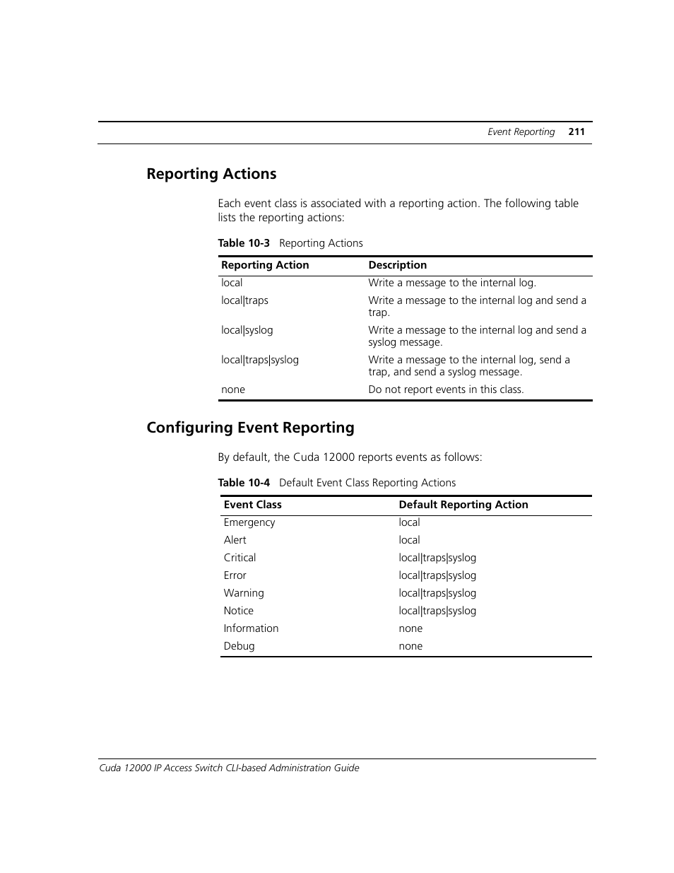 Reporting actions, Configuring event reporting | ADC CUDA 3 User Manual | Page 213 / 620